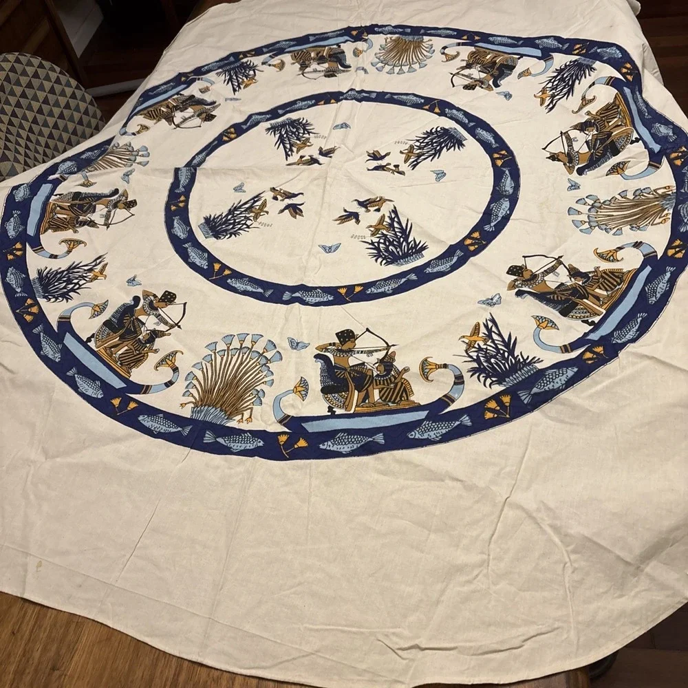 Vintage MCM Tessilca Hieroglyphics Roundish Oblong Cotton‎ Tablecloth 62